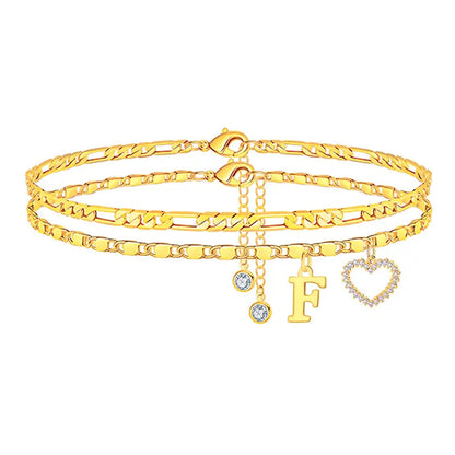 🎁 14k-Gold Plated-Double-Layer 26-Letter-Tone Chain Heart-Shaped Anklet with a  heart-shaped  pendant
