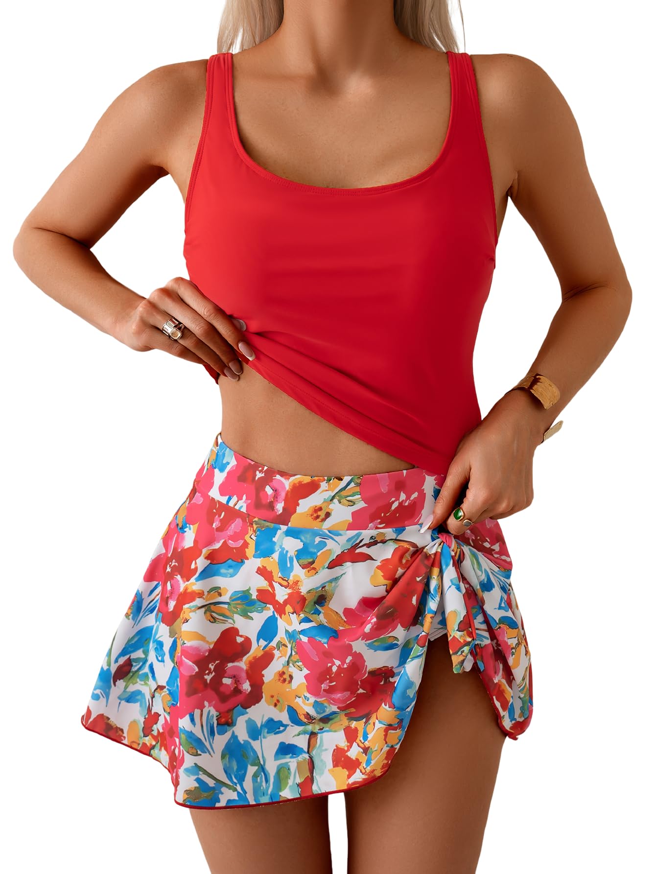 NEW IN ✨Women's Tummy Control Two Piece Swimsuit High Waisted Tank Top with Swim Skirt