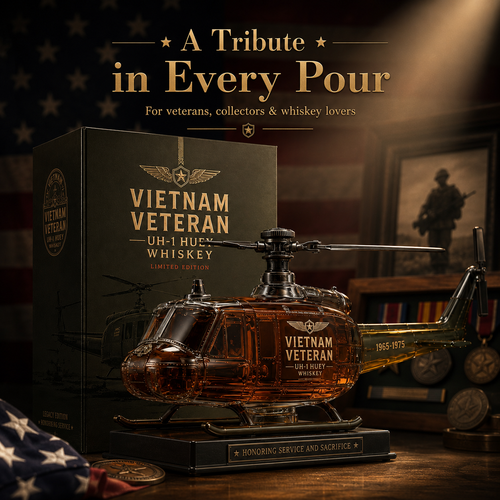🎖️Vietnam Veteran UH-1 Huey Helicopter 1965-1975 Whiskey Bottle 🚁