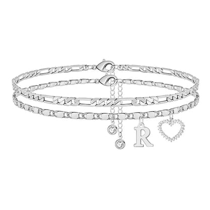 🎁 14k-Gold Plated-Double-Layer 26-Letter-Tone Chain Heart-Shaped Anklet with a  heart-shaped  pendant