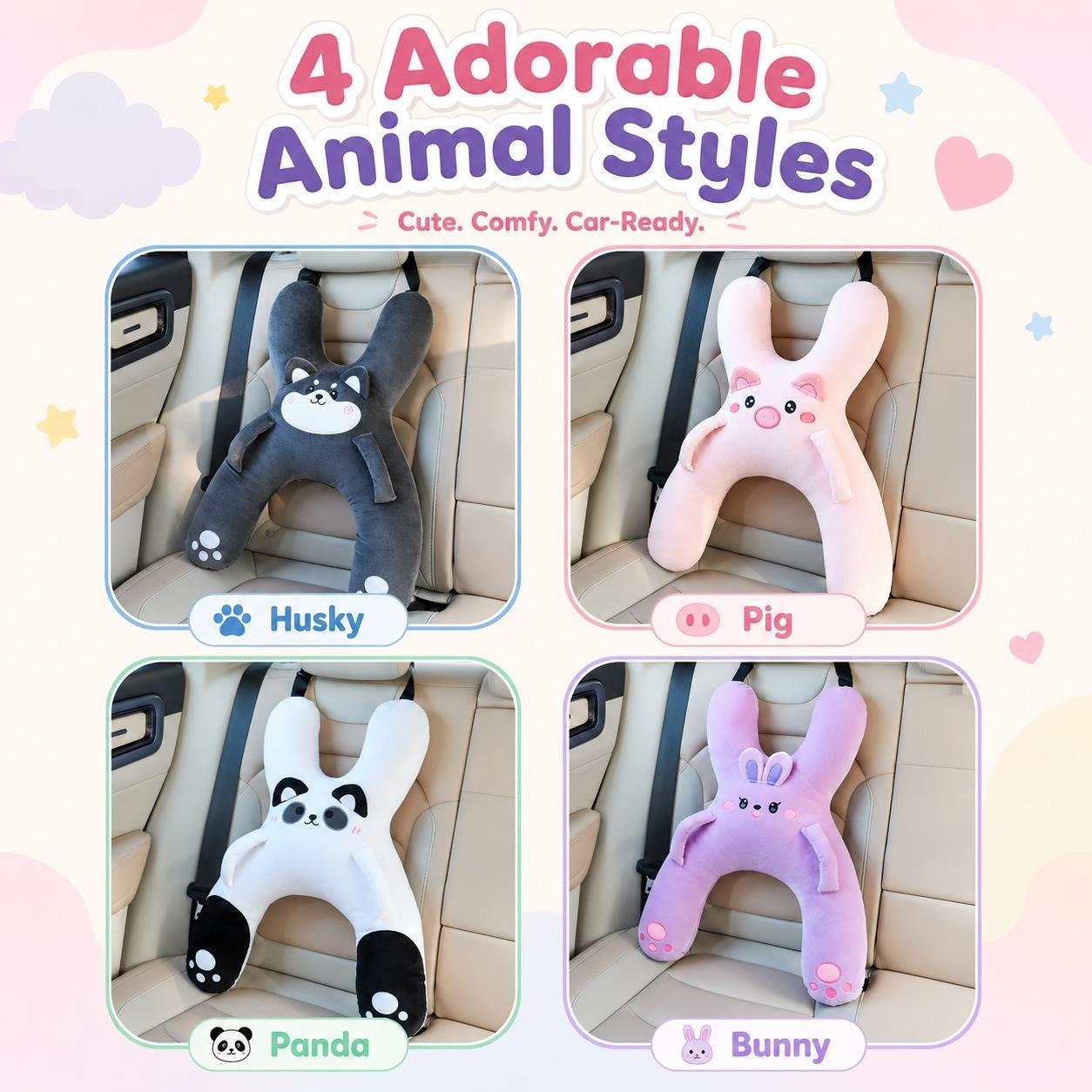 🐷Kids Car Neck Pillow - Soft Plush Pig Design, Car Seat  Attachment