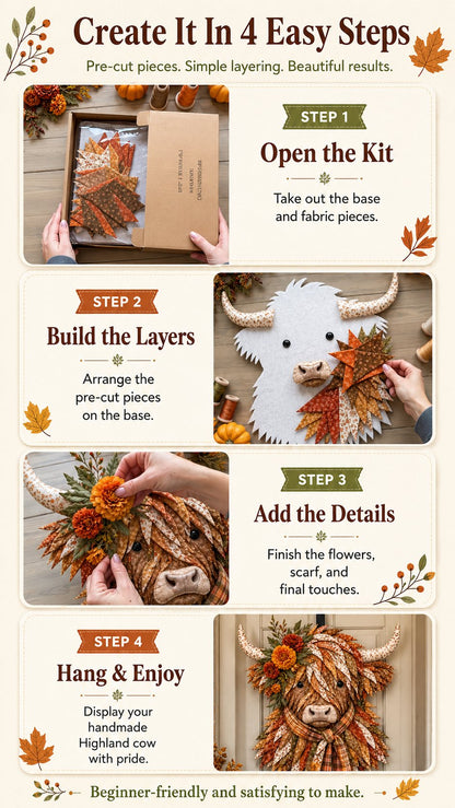 🐮💐🌸 Birth Flower Highland Cow 3D Layered Fabric Art DIY Kit (Beginner-friendly) 🔥