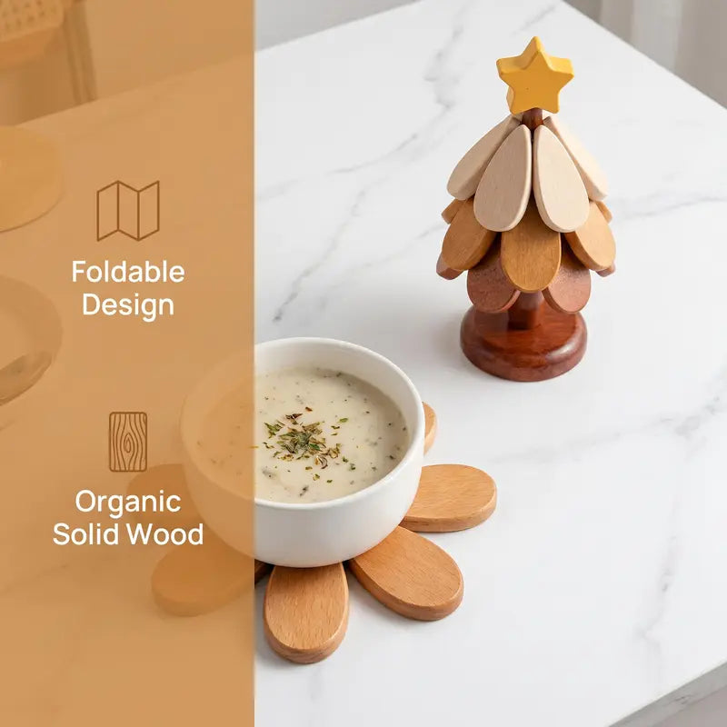 🪵 Solid Wood Heat Resistant, Protect Table From Scalding - Tree Shaped Foldable Wooden Trivet🎄