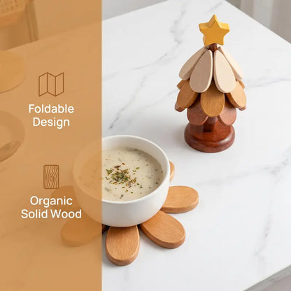🪵 Solid Wood Heat Resistant, Protect Table From Scalding - Tree Shaped Foldable Wooden Trivet🎄