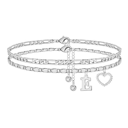 🎁 14k-Gold Plated-Double-Layer 26-Letter-Tone Chain Heart-Shaped Anklet with a  heart-shaped  pendant