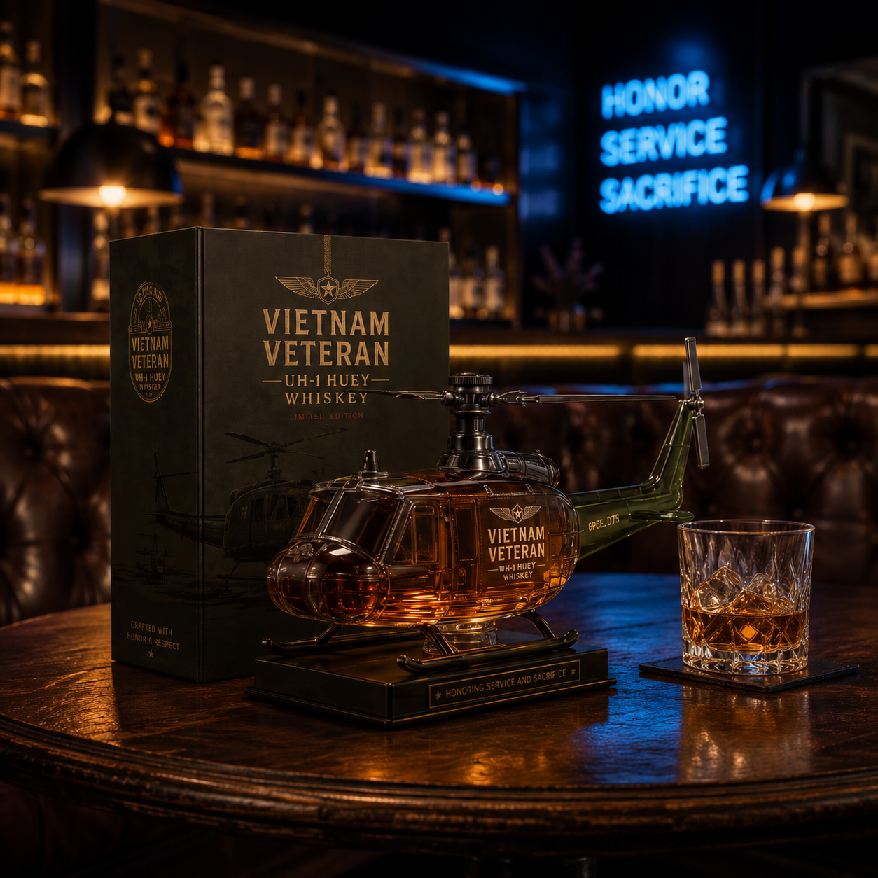 🎖️Vietnam Veteran UH-1 Huey Helicopter 1965-1975 Whiskey Bottle 🚁