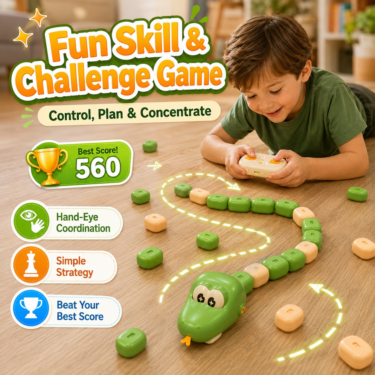 🐍Remote Control Snake Block‑Collecting Game, RC Snake Interactive Toy, Fun Block‑Stacking Collecting Game Toy for Kids & Family Party