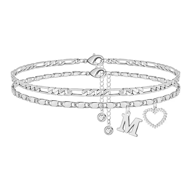 🎁 14k-Gold Plated-Double-Layer 26-Letter-Tone Chain Heart-Shaped Anklet with a  heart-shaped  pendant