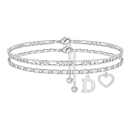 🎁 14k-Gold Plated-Double-Layer 26-Letter-Tone Chain Heart-Shaped Anklet with a  heart-shaped  pendant