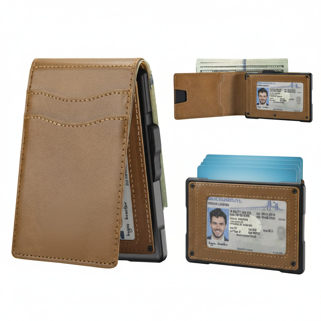 🔥Minimalist Pop-Up Wallet for Men – RFID Blocking Aluminum Card Holder with Cash Slot, ID Window & Leather Front Pocket
