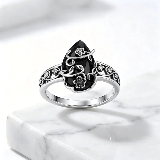 925 Sterling Silver Synthetic Obsidian Ring with Vintage Flower Design