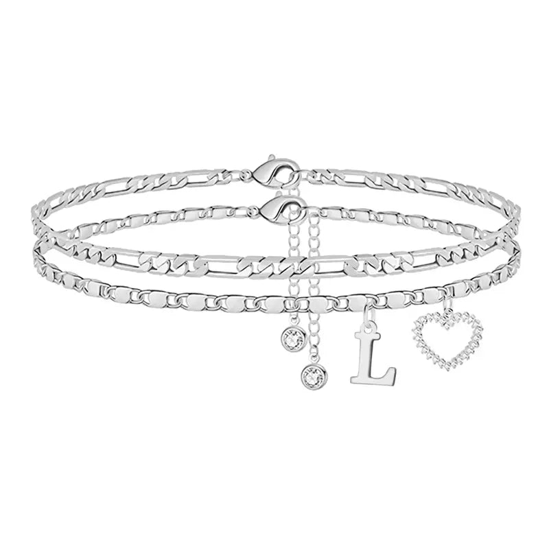 🎁 14k-Gold Plated-Double-Layer 26-Letter-Tone Chain Heart-Shaped Anklet with a  heart-shaped  pendant