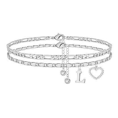 🎁 14k-Gold Plated-Double-Layer 26-Letter-Tone Chain Heart-Shaped Anklet with a  heart-shaped  pendant