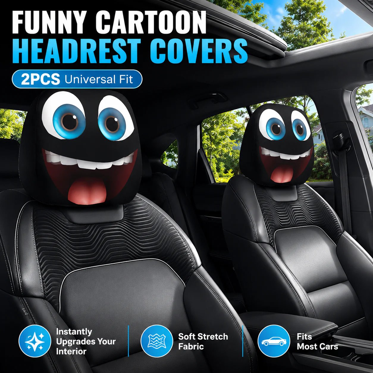 🔥😆 Funny Cartoon Car Headrest Covers – 2PCS Universal Fit  🚗