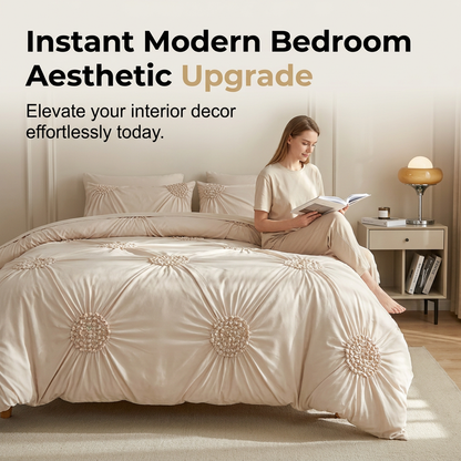🧵 Soft Touch Pinch Pleat Duvet Set | Brushed Microfiber No‑Iron Wrinkle‑Resistant Bedding Set
