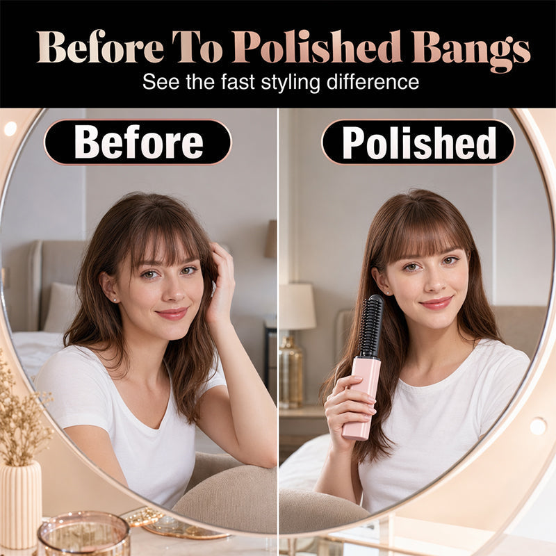 Before and after polished bangs using mini heated styling comb