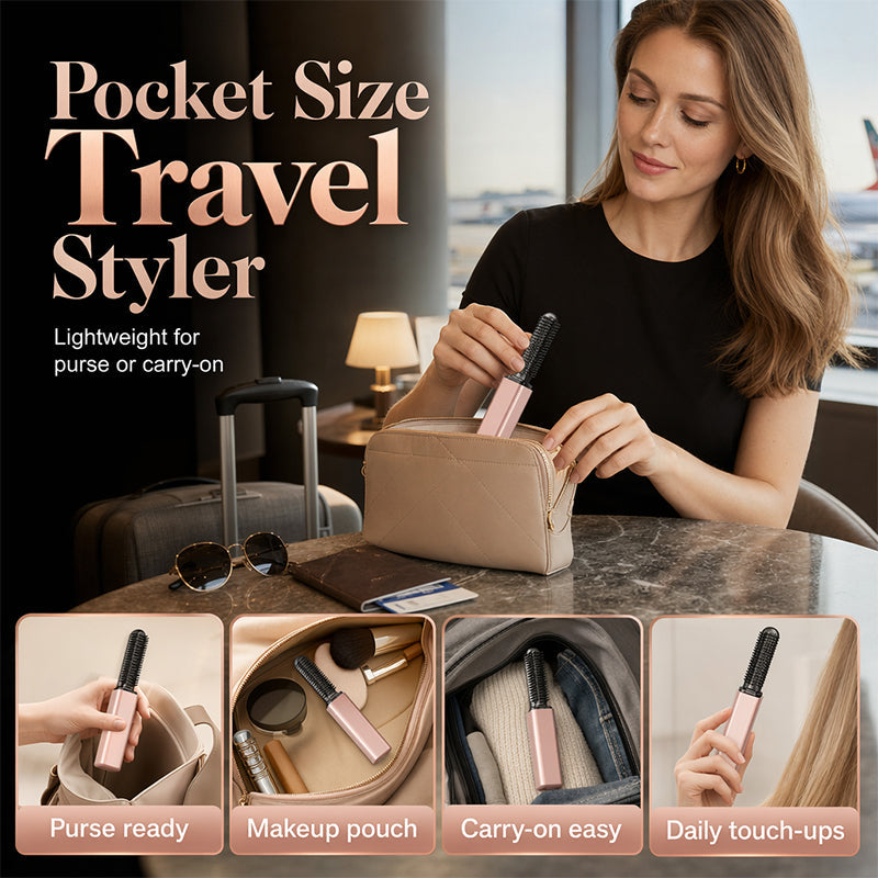 Pocket size heated styling comb stored in purse and travel bags