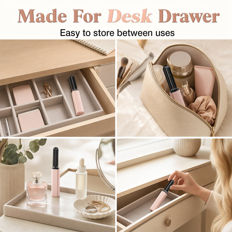 Mini heated styling comb stored in desk drawer and cosmetic bag