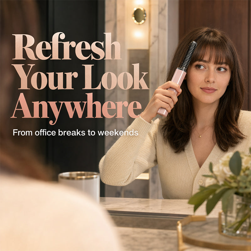 Woman refreshing her bangs with portable heated comb